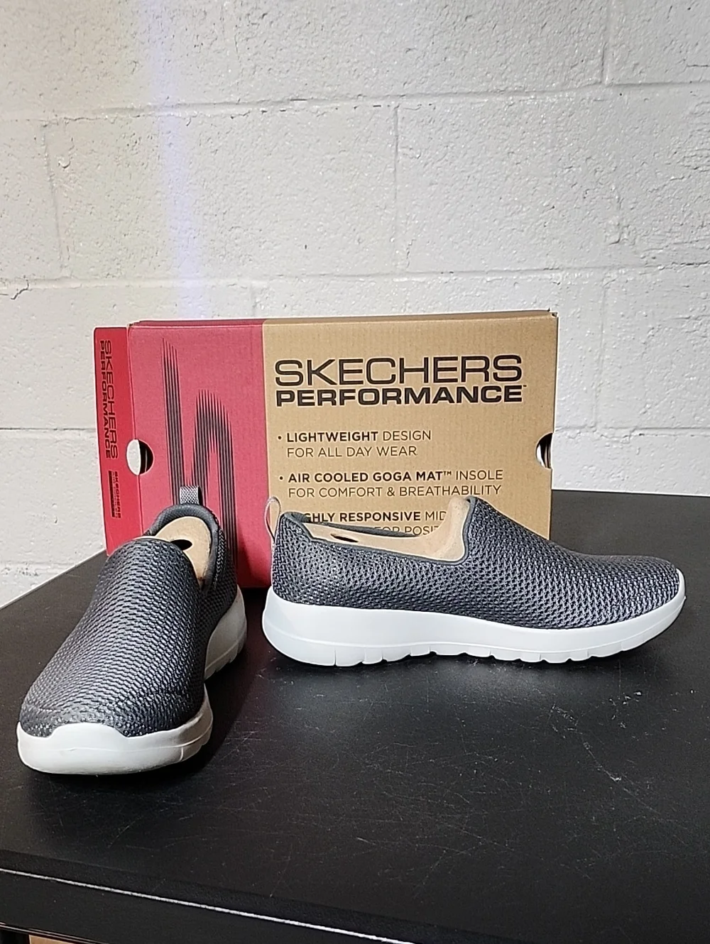 Skechers Men's Slip-On Knit Loafers in Dark Gray and White